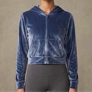 PINK Victoria’s Secret Velour Hoodie Size M Blue Zip Up Cropped Sweatshirt